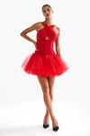 Buy_Gauri & Nainika_Red Net Criss-cross Cutout Drop Waisted Short Dress _at_Aza_Fashions