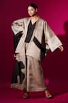 Buy_Stoique_Black Satin Linen Embroidery Applique Band Collar Chia Kimono Style Jacket _at_Aza_Fashions