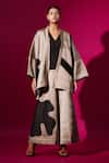 Stoique_Black Satin Linen Embroidery Applique Band Collar Chia Kimono Style Jacket _Online_at_Aza_Fashions