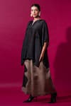 Stoique_Black Satin Linen Embroidery Applique Chia Flared Pant _at_Aza_Fashions