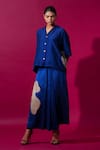 Stoique_Blue Mysore Silk Flamingo Pleated Skirt _at_Aza_Fashions