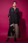 Buy_Stoique_Black Upada Silk Embroidery Pearl Notched Flamingo Asymmetric Kaftan _at_Aza_Fashions