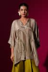 Shop_Stoique_Grey Upada Silk Embroidery Pearl Notched Flamingo Oversized Short Kaftan _Online_at_Aza_Fashions