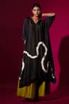 Buy_Stoique_Black Upada Silk Embroidery Pearl V-neck Flamingo Asymmetric Tunic _Online_at_Aza_Fashions