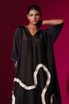 Shop_Stoique_Black Upada Silk Embroidery Pearl V-neck Flamingo Asymmetric Tunic _Online_at_Aza_Fashions