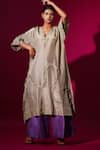 Buy_Stoique_Grey Upada Silk Embroidery Pearl V-neck Flamingo A-line Tunic _at_Aza_Fashions