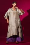 Stoique_Grey Upada Silk Embroidery Pearl V-neck Flamingo A-line Tunic _Online_at_Aza_Fashions