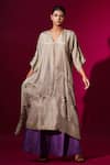 Shop_Stoique_Grey Upada Silk Embroidery Pearl V-neck Flamingo A-line Tunic _Online_at_Aza_Fashions