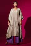 Stoique_Grey Upada Silk Embroidery Pearl V-neck Flamingo A-line Tunic _at_Aza_Fashions