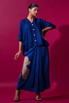 Buy_Stoique_Blue Mysore Silk Embroidery Applique Collar Gunpowder Oversized Shirt _at_Aza_Fashions