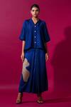 Stoique_Blue Mysore Silk Embroidery Applique Collar Gunpowder Oversized Shirt _Online_at_Aza_Fashions