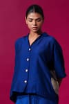 Shop_Stoique_Blue Mysore Silk Embroidery Applique Collar Gunpowder Oversized Shirt _Online_at_Aza_Fashions