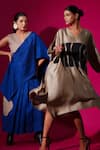 Shop_Stoique_Grey Mysore Silk V Neck Heaven Color Block Detailed Kaftan Dress 