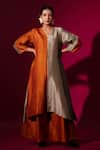 Buy_Stoique_Orange Mysore Silk Color Blocking V Neck Onyx Detailed Tunic _at_Aza_Fashions