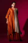 Stoique_Orange Mysore Silk Color Blocking V Neck Onyx Detailed Tunic _at_Aza_Fashions