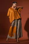 Buy_Stoique_Orange Mysore Silk Applique Notched Lapel Podi Oversized Shirt _Online_at_Aza_Fashions