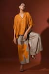 Shop_Stoique_Orange Mysore Silk Applique Notched Lapel Podi Oversized Shirt _Online_at_Aza_Fashions