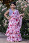 Shop_Samyukta Singhania_Pink Georgette Floral Print Ruffle Tiered Pre-draped Saree With Blouse _Online_at_Aza_Fashions