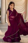 Buy_Samyukta Singhania_Wine Georgette Embroidery Classic Ruffle Hem Pre-draped Saree With Blouse _at_Aza_Fashions