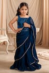 Buy_Samyukta Singhania_Blue Georgette Embroidery Sequins Solid Ruffle Hem Pre-draped Saree With Blouse _at_Aza_Fashions