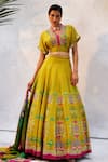 Buy_Basil Leaf_Yellow Tussar Silk Embroidered Mirror Scalloped V Citrin Lehenga Set _at_Aza_Fashions