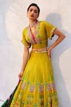 Shop_Basil Leaf_Yellow Tussar Silk Embroidered Mirror Scalloped V Citrin Lehenga Set _at_Aza_Fashions