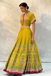 Shop_Basil Leaf_Yellow Tussar Silk Embroidered Mirror Scalloped V Citrin Lehenga Set _Online_at_Aza_Fashions