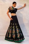 Buy_Basil Leaf_Black Tussar Silk Embroidered Mirror Collared Floral Lehenga Set _at_Aza_Fashions