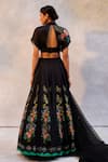 Basil Leaf_Black Tussar Silk Embroidered Mirror Collared Floral Lehenga Set _Online_at_Aza_Fashions