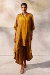 Buy_Basil Leaf_Yellow Chiffon Embroidered Mirror Collared Asymmetric Tunic Pant Set _at_Aza_Fashions