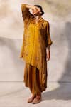 Shop_Basil Leaf_Yellow Chiffon Embroidered Mirror Collared Asymmetric Tunic Pant Set _Online_at_Aza_Fashions