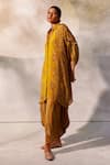 Basil Leaf_Yellow Chiffon Embroidered Mirror Collared Asymmetric Tunic Pant Set _at_Aza_Fashions