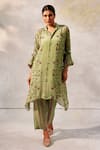 Buy_Basil Leaf_Green Chiffon Embroidered Mirror Collared Floral Pattern Asymmetric Tunic Set _at_Aza_Fashions