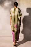 Basil Leaf_Green Linen Silk Embroidered Mirror Cutwork V Neckline Tunic And Pant Set _Online_at_Aza_Fashions