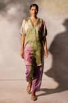 Buy_Basil Leaf_Green Linen Silk Embroidered Mirror Cutwork V Neckline Tunic And Pant Set _Online_at_Aza_Fashions