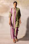 Buy_Basil Leaf_Green Linen Silk Embroidered Mirror Collared V Stripe Pattern Tunic And Pant Set _at_Aza_Fashions