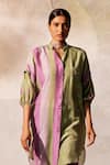 Buy_Basil Leaf_Green Linen Silk Embroidered Mirror Collared V Stripe Pattern Tunic And Pant Set _Online_at_Aza_Fashions