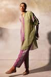 Shop_Basil Leaf_Green Linen Silk Embroidered Mirror Collared V Stripe Pattern Tunic And Pant Set _Online_at_Aza_Fashions