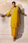 Buy_Basil Leaf_Yellow Crepe Embroidered Sequin Collared Floral Tunic And Pant Set _at_Aza_Fashions