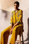 Shop_Basil Leaf_Yellow Crepe Embroidered Sequin Collared Floral Tunic And Pant Set _Online_at_Aza_Fashions