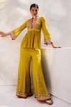 Buy_Basil Leaf_Yellow Chiffon Embroidered Mirror Scalloped V Peplum Top And Flared Pant Set _at_Aza_Fashions