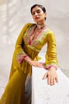 Shop_Basil Leaf_Yellow Chiffon Embroidered Mirror Scalloped V Peplum Top And Flared Pant Set _Online_at_Aza_Fashions