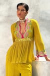 Basil Leaf_Yellow Chiffon Embroidered Mirror Scalloped V Peplum Top And Flared Pant Set _at_Aza_Fashions