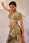 Buy_Basil Leaf_Green Chiffon Embroidered Mirror V Neck Crop Top And Flared Pant Set _Online_at_Aza_Fashions