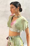 Buy_Basil Leaf_Green Chiffon Embroidered Mirror V Neck Crop Top And Flared Pant Set 