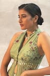 Basil Leaf_Green Chiffon Embroidered Mirror V Neck Floral Peplum Top And Flared Pant Set _at_Aza_Fashions