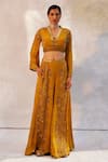 Buy_Basil Leaf_Yellow Chiffon Embroidered Mirror V Neck Crop Top And Flared Pant Set _at_Aza_Fashions