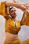 Basil Leaf_Yellow Chiffon Embroidered Mirror V Neck Crop Top And Flared Pant Set _at_Aza_Fashions