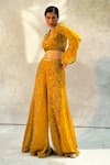 Buy_Basil Leaf_Yellow Chiffon Embroidered Mirror V Neck Crop Top And Flared Pant Set 