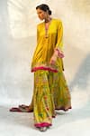 Buy_Basil Leaf_Yellow Gajji Satin Embroidered Mirror Scalloped V Kurta Sharara Set _at_Aza_Fashions